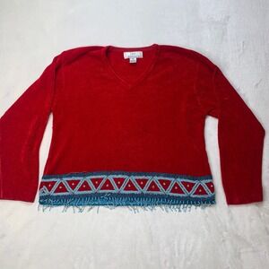 Vtg Lisa International Knit Sweater Red Beaded V-Neck Velour Fringe Trim Flaws